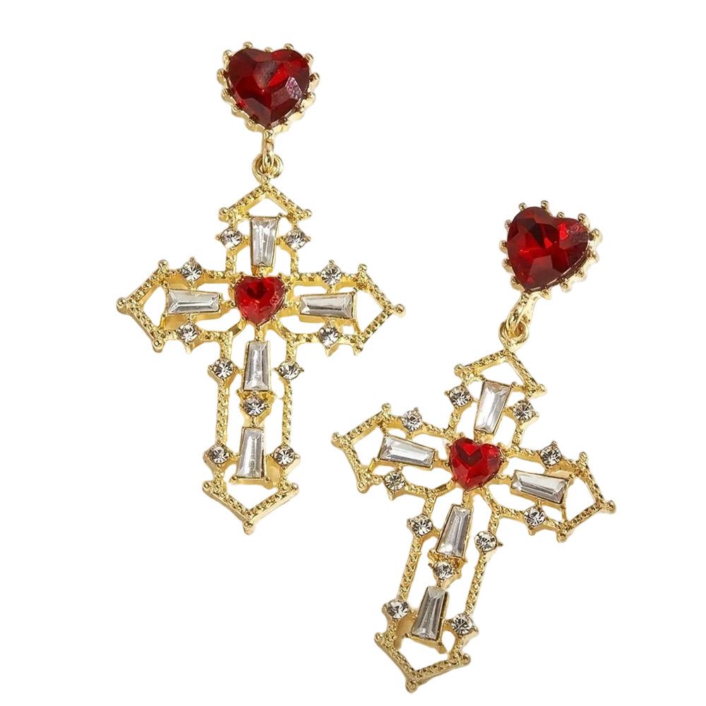 Baroque Red Heart Cross Earrings | 18k Gold-Plated Statement Dangle Earrings - Picture 3 of 3